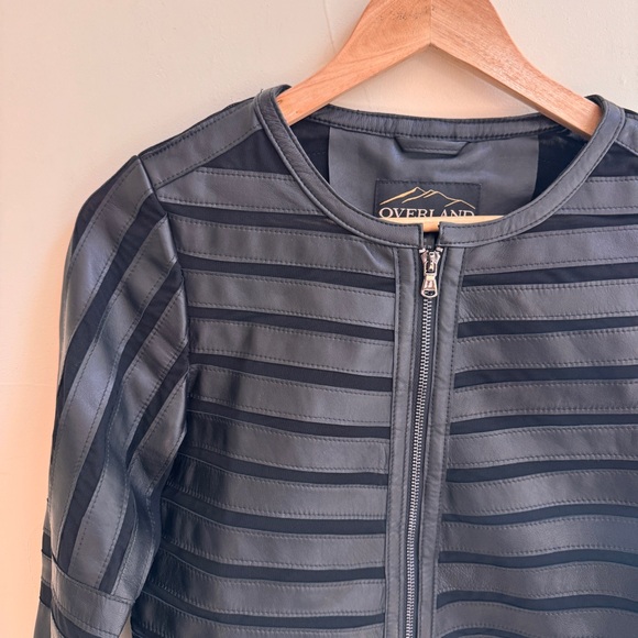 Overland Black Short Lamb Leather and Mesh Stripe Full Zip Jacket Womens Size XS - Picture 3 of 16